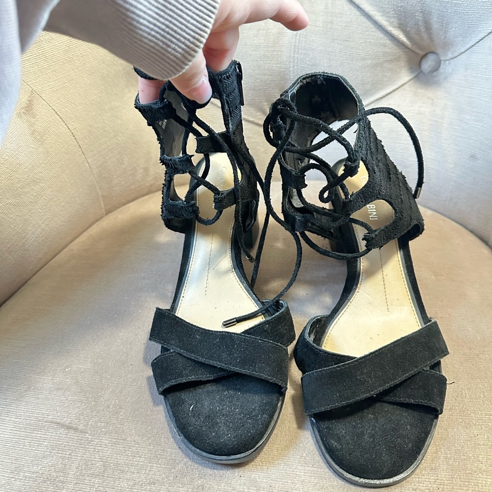 Giani Bini Ankle Wrap Suede Sandals in Black